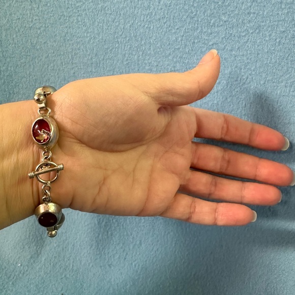 Vintage TAXCO Mexico Sterling Silver Bracelet with Red glass opals - Picture 3 of 11